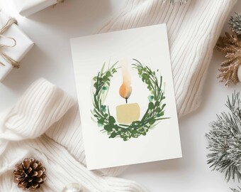 Candle Wreath Watercolor Art | Christmas Card Design Printable | Holiday Wreath with Candle Flame | DIY Greeting Card | 5x7 Digital Download