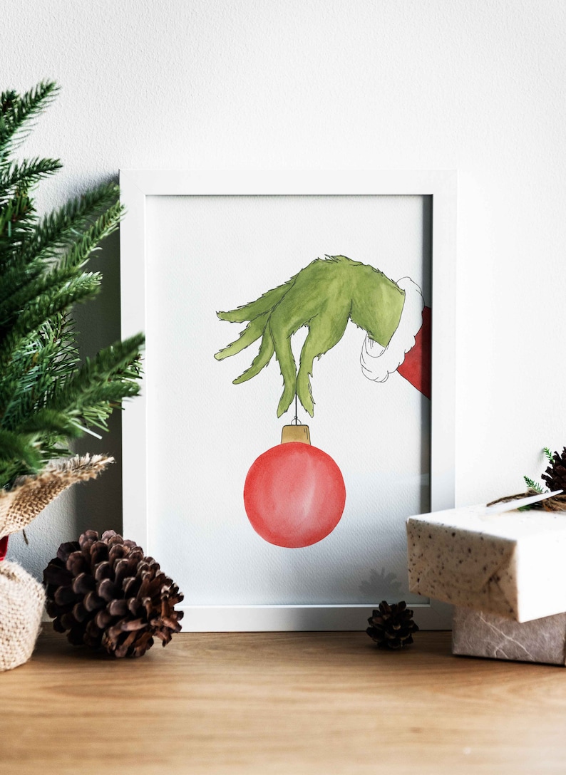 The Grinch Watercolor Art, Grinch Hand, Holding Ornament, Holiday Print ...