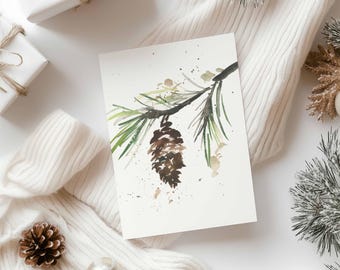 Hanging Pinecone Watercolor Art | Christmas Card Design Printable | Winter Pinecone Branch | DIY Greeting Card | 5x7 Digital Download