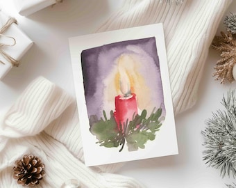 Silent Night Candle Watercolor Art | Christmas Card Design Printable | Holiday Candle Flame | DIY Greeting Card | 5x7 Digital Download