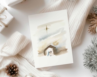 Simple Nativity Watercolor Art | Christmas Card Design Printable | Nativity Scene with Star | DIY Greeting Card | 5x7 Digital Download