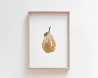 Yellow Pear Watercolor, Minimal Kitchen Art, Simple Fruit Print, Pear Painting, Food Illustration