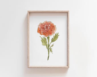 Akvarellkonst för ringblomma, blomtryck för oktober, målning av orange ringblomma, present till födelsemånad, digital nedladdning