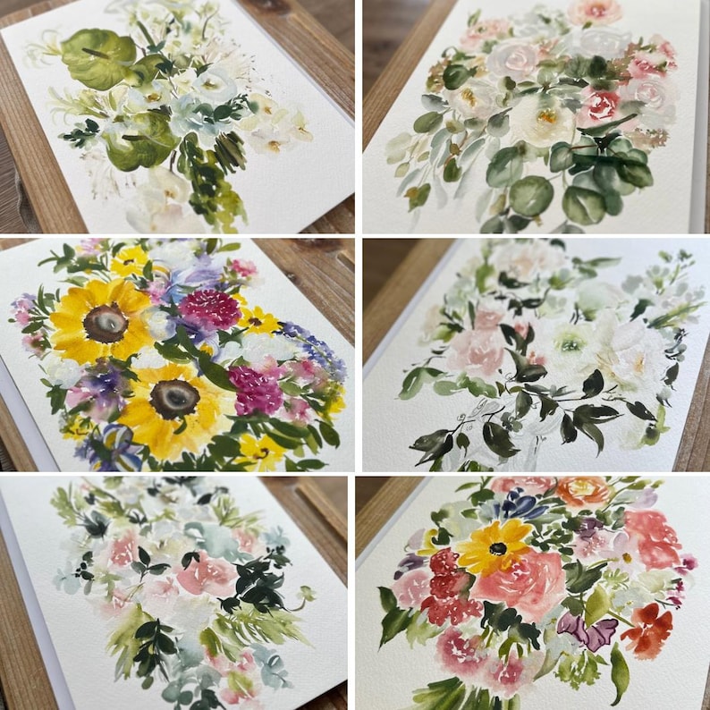 May include: A collection of six watercolor paintings on paper, each depicting a unique floral arrangement. The compositions feature various flowers in shades of yellow, pink, white, green, and purple, rendered with visible brushstrokes and paint textures.