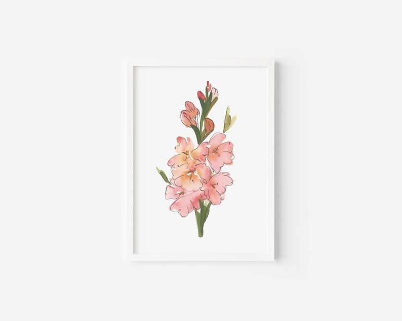 May include: A watercolor painting of a pink gladiolus flower with green stems and leaves.