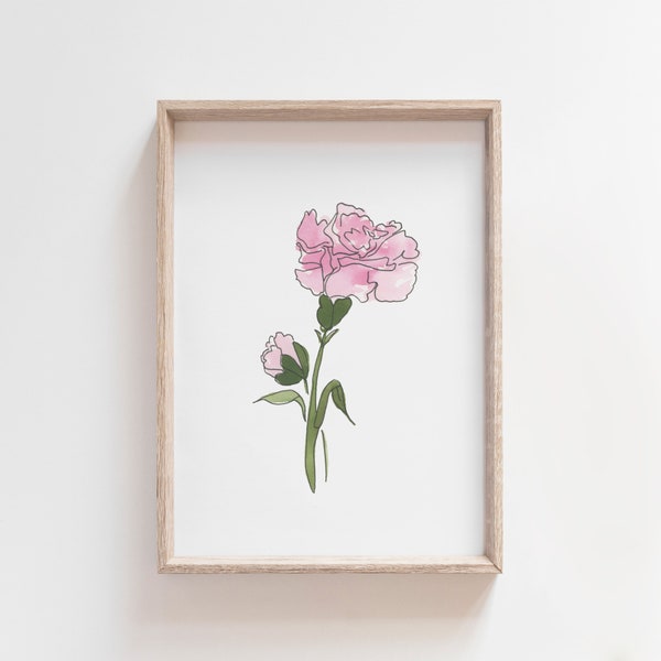Pink Carnation Watercolor Art, January Birth Flower Print, Minimalist Flower Painting, Birth Month Gift, Digital Download