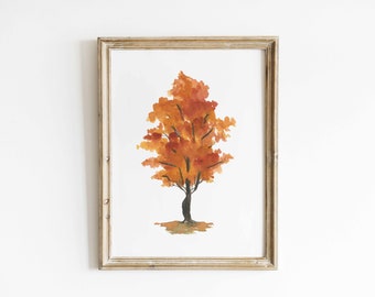 Yellow Autumn Tree Watercolor, Autumn Wall Art, Fall Prints, October Tree Painting