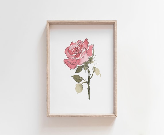 Rose Watercolor Art, June Birth Flower Print, Coral Rose Painting, Birth Month Gift, Digital Download