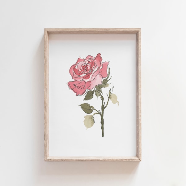 Rose Watercolor Art, June Birth Flower Print, Coral Rose Painting, Birth Month Gift, Digital Download