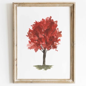 Red Maple Tree Watercolor, Autumn Wall Art, Fall Prints, October Tree Painting