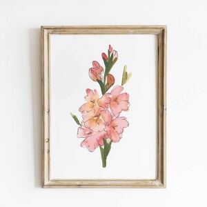 Gladiolus Watercolor Art, August Birth Flower Print, Coral Gladiolus Painting, Birth Month Gift, Digital Download image 6