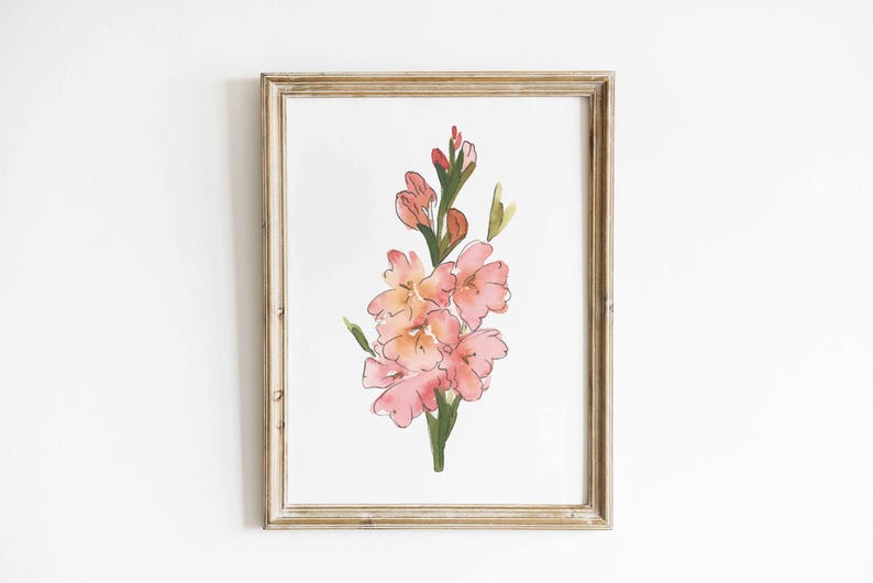 Gladiolus Watercolor Art, August Birth Flower Print, Coral Gladiolus Painting, Birth Month Gift, Digital Download image 6
