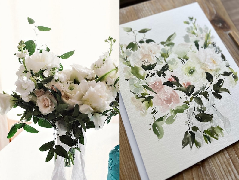 May include: A side-by-side comparison of a fresh floral bouquet featuring white peonies, roses, and green foliage with long white ribbons, and a watercolor painting on paper depicting the same floral arrangement in soft green and pink tones.