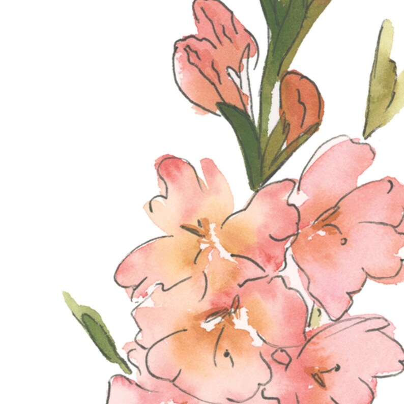 Gladiolus Watercolor Art, August Birth Flower Print, Coral Gladiolus Painting, Birth Month Gift, Digital Download image 2
