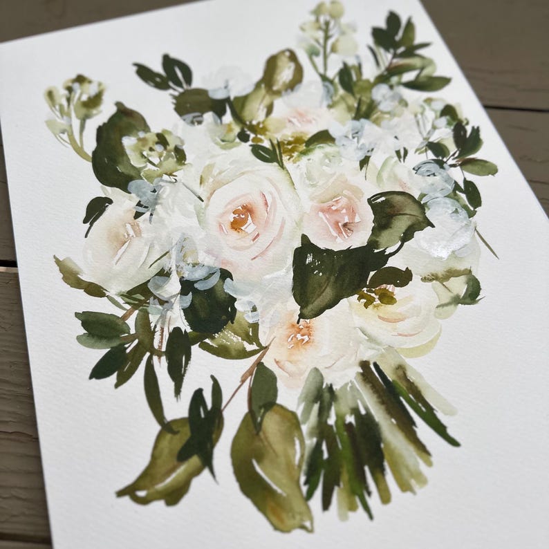 May include: A watercolor painting on white paper featuring a floral bouquet with soft blush pink and white roses, accented by deep forest green leaves and stems. The brushstrokes are visible, creating a layered effect of petals and foliage.