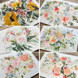 May include: A collection of six watercolor paintings on white paper, each depicting a different floral arrangement. The paintings feature various flowers including yellow sunflowers, pink roses, tulips, and green foliage in soft, blended brushstrokes.