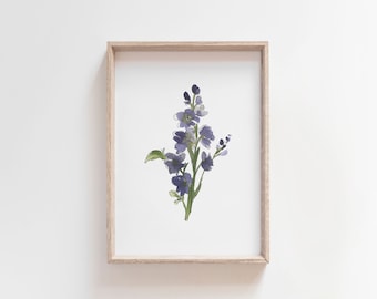 Akvarell konst med riddarsporre, blomtryck i juli, lila riddarsporremålning, födelsemånadspresent, digital nedladdning