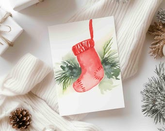 Vintage Stocking Watercolor Art | Christmas Card Design Printable | Classic Red Hanging Stocking | DIY Greeting Card | 5x7 Digital Download