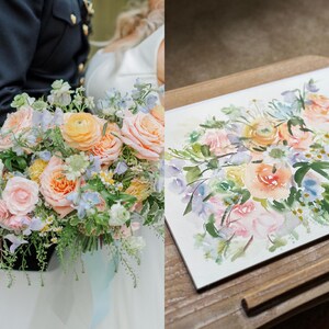May include: A floral bouquet featuring peach roses, light blue sweet peas, and green foliage alongside a watercolor painting on paper that depicts the same arrangement of flowers in soft pastel tones, displayed on a wooden drawing board.