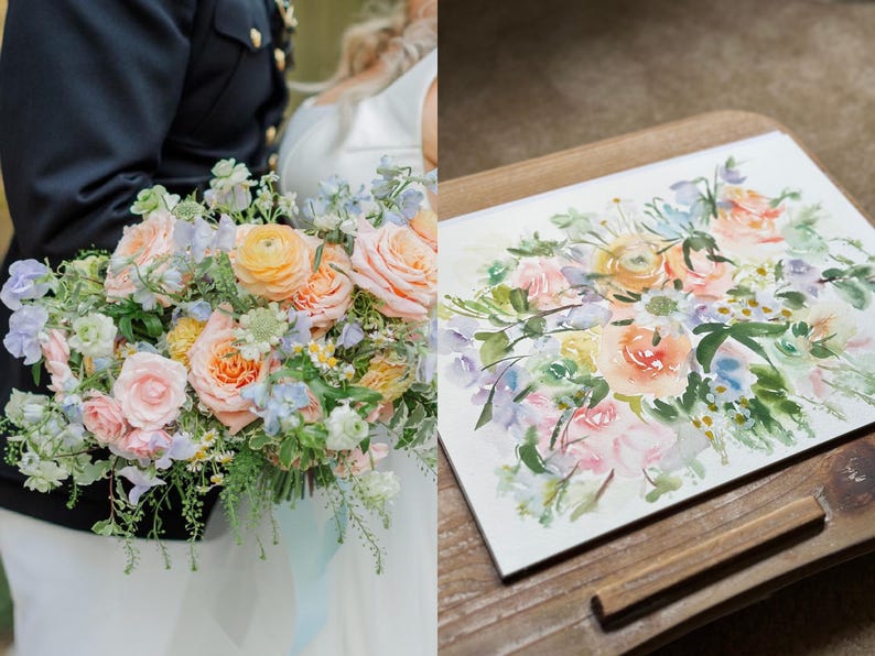 May include: A floral bouquet featuring peach roses, light blue sweet peas, and green foliage alongside a watercolor painting on paper that depicts the same arrangement of flowers in soft pastel tones, displayed on a wooden drawing board.