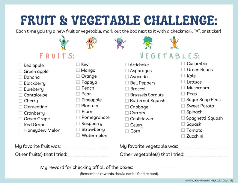 Fruit & Vegetable Checklist for Picky Eaters Etsy