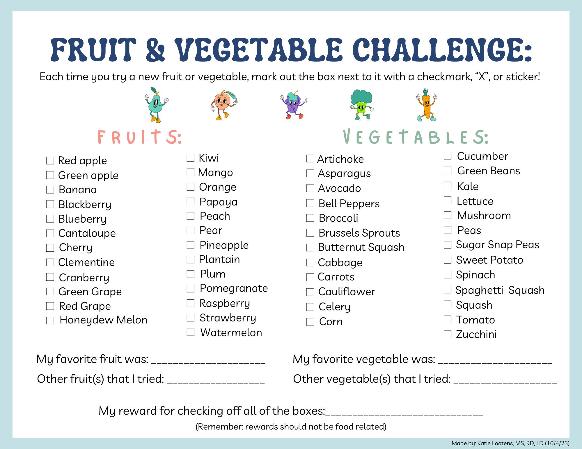 Fruit Vegetable Checklist for Picky Eaters