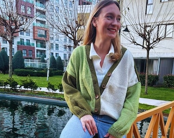 Handmade Oversize Cardigan - Green Beige Multicolor - Cozy Handknit Sweater - Perfect Gift