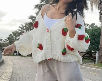 Chunky Hand-Knitted Strawberry Cardigan | Oversized Balloon Sleeves, Knitwear