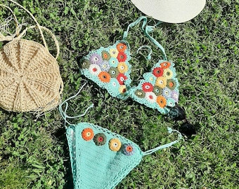 Handmade Crochet Flower Bikini Set – Colorful Boho Swimwear, Cotton Knit Summer Wear