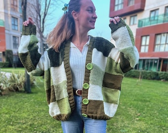 Harry Styles Inspired Green Color Block Oversized Cardigan - Handmade Patchwork Knitting Sweater