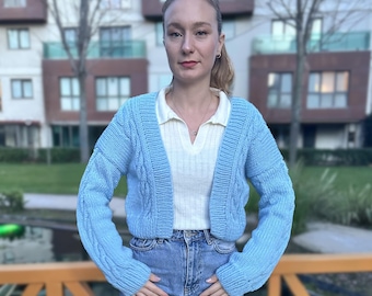 Hand-Knitted Baby Blue Cable Knit Cropped Cardigan – Cozy Boho Winter Sweater