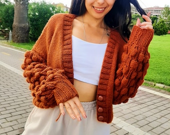 Brick Brown Bubble Sleeve Cardigan | Cropped Knit Sweater | Handmade Women's Clothing