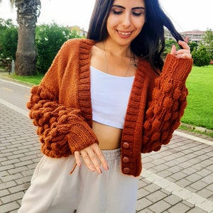 Raspberry Sleeve Crop Cardigan - Handmade - Brick-Brown Color - Unique Gift - Handknit