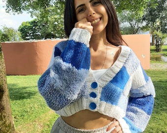 Hand-Knitted Blue Patchwork Cardigan – Chunky Cropped Sweater, Harry Styles Inspired Knitwear
