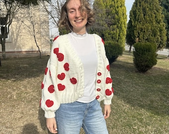 Handmade Knit Heart Cardigan - Oversized Red Heart Sweater - Cozy Unique Gift for Her - Valentine's Day Special
