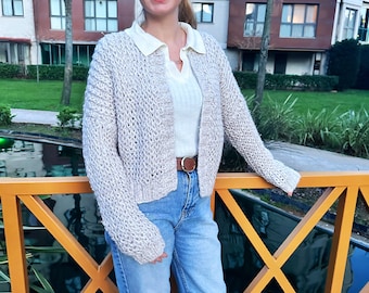 Cozy Cream Hand Knit Cardigan | Chunky Open-Mesh Knit & Relaxed Fit
