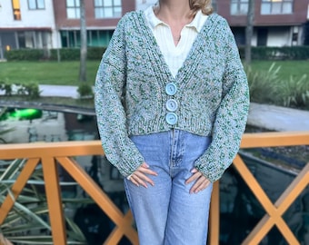 Handmade Green Marled Knit Cardigan - Chunky Crop V-Neck Sweater - Oversized Soft Wool Cardigan