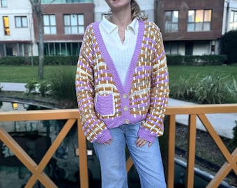Handmade Geometric Knit Cardigan - Artistic Lavender & Mustard V-Neck Sweater - Chunky Color Block Jacket