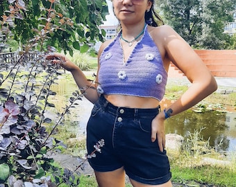 Crochet Halter Crop Top – Purple Lilac Floral Bralette, Summer Festival Wear