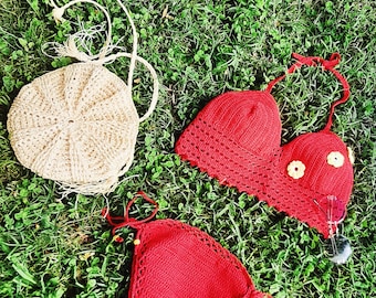 Red Crochet Bikini Set with Yellow Daisies – Handmade Cotton Swimwear