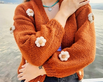 Crop Knitted Floral Cardigan - Handmade Unique Gifts - Handknit - Brick-Brown Color