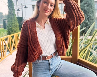 Handmade Brick Brown Brioche Cardigan - Unique Gift for Women - Cozy Knitwear - Perfect Autumn Layer - Ready to Ship