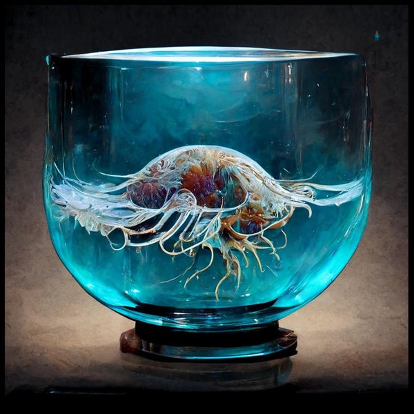 Alien Jellyfish in Glass - Affiche classique en papier semi-brillant montrant des méduses extraterrestres en verre avec de l’eau bleue par Centerville3D