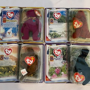 Ty McDonald vintage plush TY Teenie Beanie Babies from 2000. Millennium Bear and Dinosaur Trio In excellent condition.