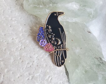 Raven With Flowers Hard Enamel Pin. Floral and Lunar Starry Constellation Design. Crow on a Branch. Gothic Style. Pin for Bags, Jackets.