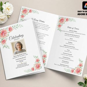 Könnte beinhalten: Eine Trauerprogramm-Vorlage mit weißem Hintergrund, aquarellierten rosa Blumenakzenten und grünen Blättern. Das Titelblatt zeigt den Text Celebrating the Life of Mary Elizabeth Davies mit einem Foto und den Details.