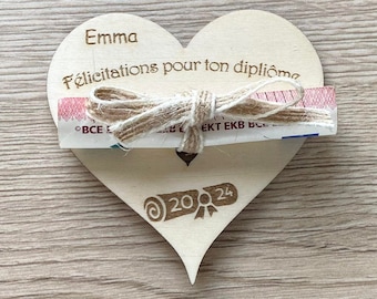 Cadeau diplôme personnalisé en bois - Félicitations diplome - Carte porte billet - Carte cadeau félicitation examen