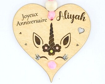 Unicorn - Wooden birthday gift - personalized wooden heart with a first name - Children's room decoration to hang