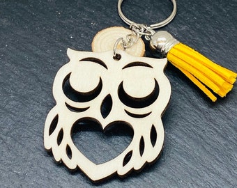 Owl key ring - Wooden owl key ring - Forest animal key ring - wooden owl - fringed charm key ring