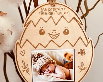 Oeuf de Pâques Personnalisé en Bois avec Photo et Prénom - Décoration Bébé à suspendre - Ma Première Fête de Pâques - Cadeau de naissance